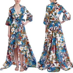 NWT Badgley Mischka Tropical Floral Print Gown with High-Low Hem